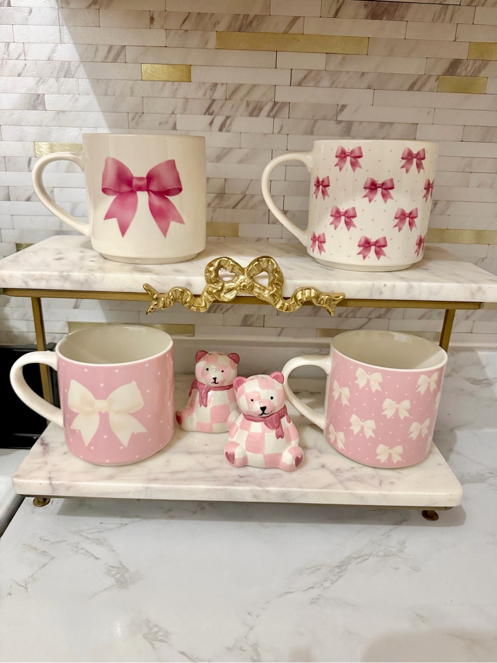 Pink Bow Ceramic Mug - Elegant Home Dining Mug set of 4
